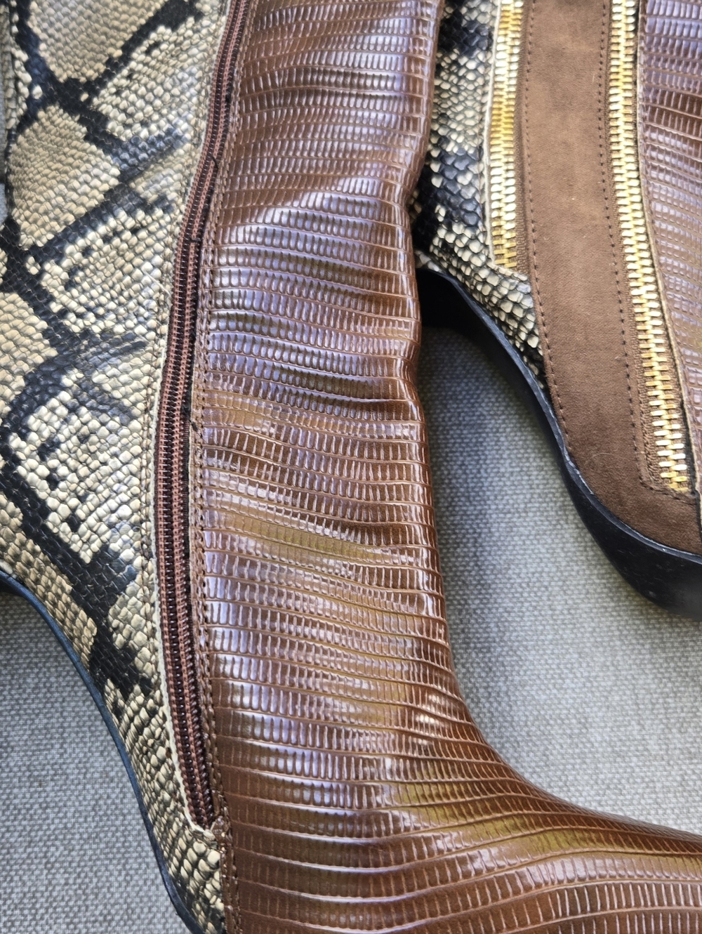 Shoe Dazzle Kioni Brown Snakeskin-Print Knee Boots with Gold Zip - Picture 5 of 16